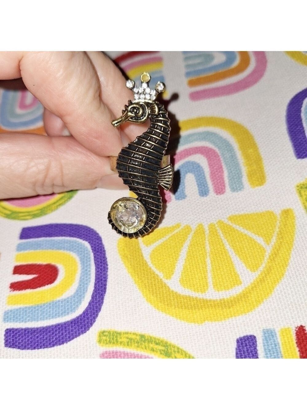Seahorse Ring Gold Tone Adjustable Glass Stone
